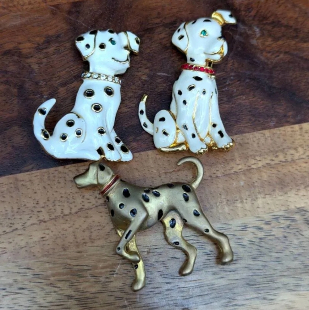 Vintage 3pc Dalmatian Dog Brooch Set Enamel Gold Tone Rhinestone Collar Pins
